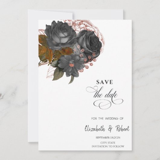 Elegante zwarte bloemen sparen de datum save the date (Voorkant)
