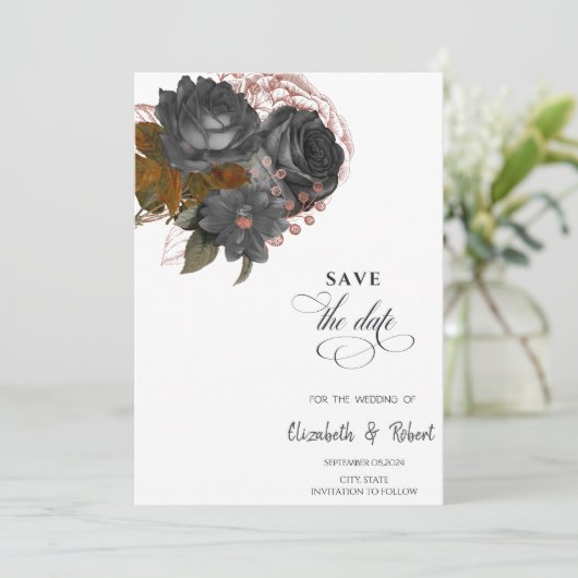 Elegante zwarte bloemen sparen de datum save the date (Staand voorkant)