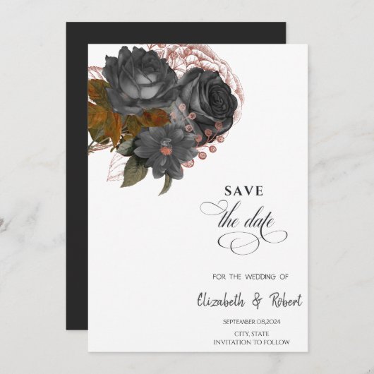 Elegante zwarte bloemen sparen de datum save the date (Voorkant / Achterkant)