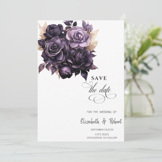 Elegante zwarte bloemen sparen de datum save the date (Staand voorkant)