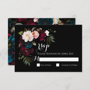 Elegante Zwarte Bloemen Wedding RSVP Response Kaar
