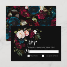 Elegante Zwarte Bloemen Wedding RSVP Response Kaar