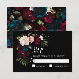 Elegante Zwarte Bloemen Wedding RSVP Response Kaar Kaartje