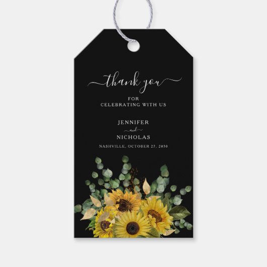 Elegante Zwarte Bloemen Zonnebloemen bruiloft Cadeaulabel (Voorkant)