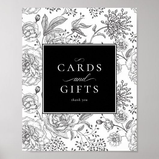 Elegante zwarte bloemenbruiloft kaarten cadeaubord poster (Voorkant)