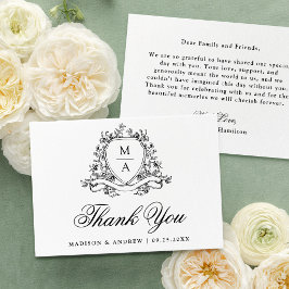 Elegante Zwarte Bloemenkam Kroon Monogram Huwelijk Bedankkaart