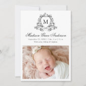 Elegante zwarte bloemenkam Monogram 4 Foto Geboort Aankondiging (Voorkant)