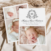 Elegante zwarte bloemenkam Monogram 4 Foto Geboort Aankondiging