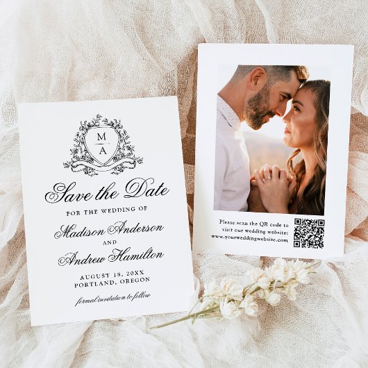 Elegante Zwarte Bloemenkam Monogram Foto Huwelijk Save The Date