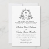 Elegante Zwarte Bloemenkam Monogram Huwelijk Kaart (Voorkant)