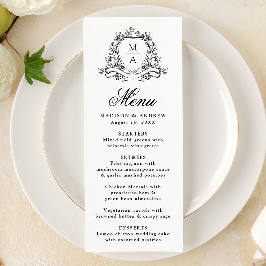 Elegante Zwarte Bloemenkam Monogram Huwelijk Menu