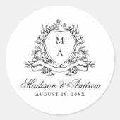 Elegante Zwarte Bloemenkam Monogram Huwelijk Ronde Sticker (Voorkant)