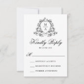 Elegante Zwarte Bloemenkam Monogram Huwelijk RSVP Kaartje (Voorkant)