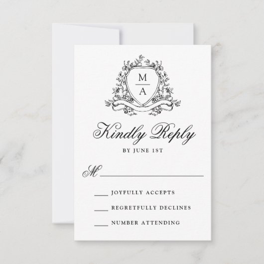 Elegante Zwarte Bloemenkam Monogram Huwelijk RSVP Kaartje (Voorkant)