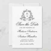 Elegante Zwarte Bloemenkam Monogram Huwelijk Save The Date (Voorkant)