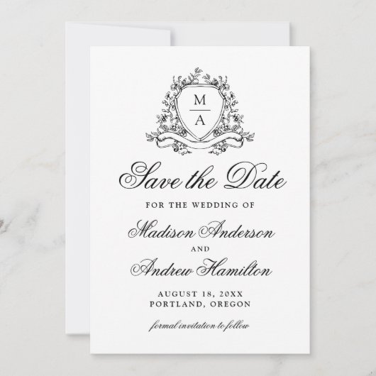 Elegante Zwarte Bloemenkam Monogram Huwelijk Save The Date (Voorkant)