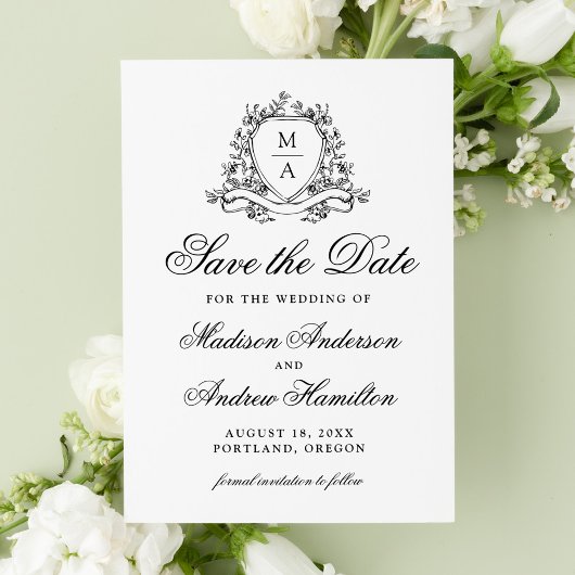 Elegante Zwarte Bloemenkam Monogram Huwelijk Save The Date