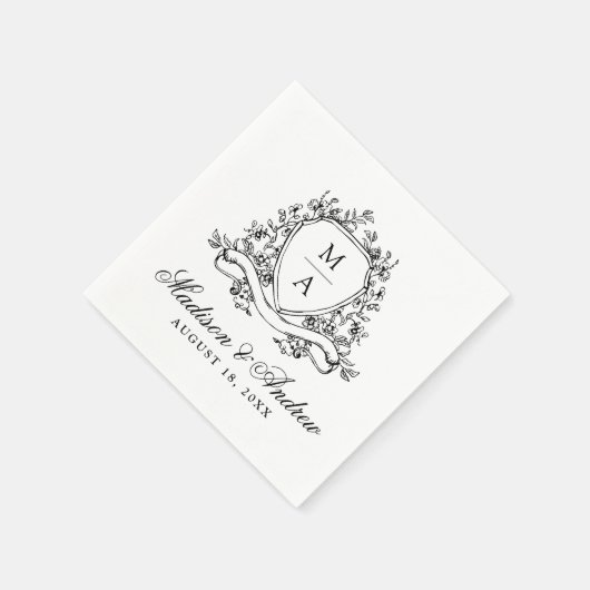 Elegante Zwarte Bloemenkam Monogram Huwelijk Servet (Hoek)