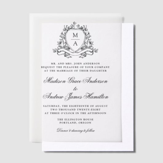 Elegante Zwarte Bloemenkam Monogram Huwelijk Vellum Uitnodigingen (Offset)