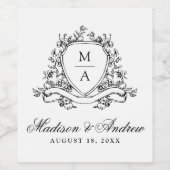 Elegante Zwarte Bloemenkam Monogram Huwelijk Wijn Etiket (Enkel label)