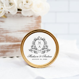 Elegante Zwarte Bloemenkam Monogram Trouwdag Ronde Sticker