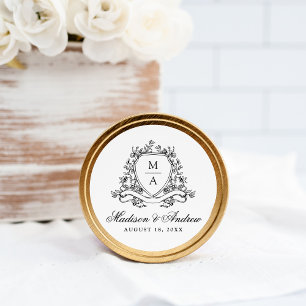 Elegante Zwarte Bloemenkam Monogram Trouwdag Ronde Sticker