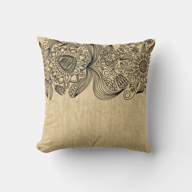 Elegante zwarte bloemenkant beige  achtergrond kussen (Voorkant)