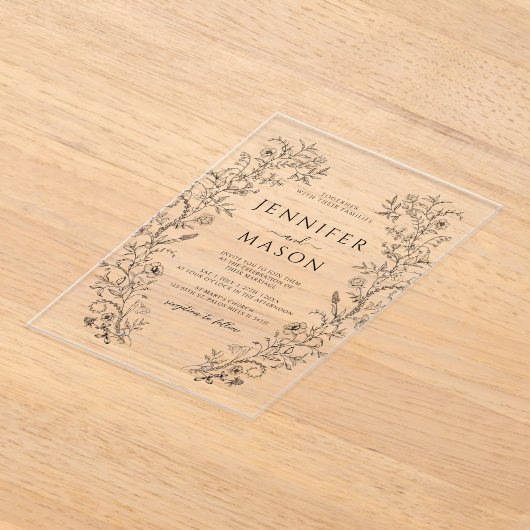 Elegante zwarte bloemenkrans Eenvoudige moderne br Acryl Uitnodigingen (Laagn)