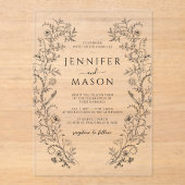 Elegante zwarte bloemenkrans Eenvoudige moderne br Acryl Uitnodigingen (Voorkant)