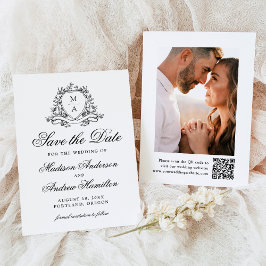 Elegante Zwarte Bloemenkroon Monogram Foto Bruilof Save The Date