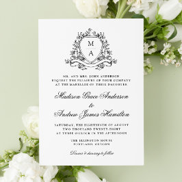 Elegante Zwarte Bloemenkroon Monogram Trouwdag Kaart