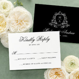 Elegante Zwarte Bloemenkroon Monogram Trouwdag RSVP Kaartje