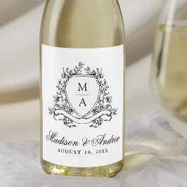 Elegante Zwarte Bloemenkroon Monogram Trouwdag Wijn Etiket