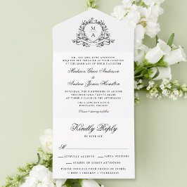 Elegante Zwarte Bloemenkroon Monogram Trouwfeest All In One Uitnodiging