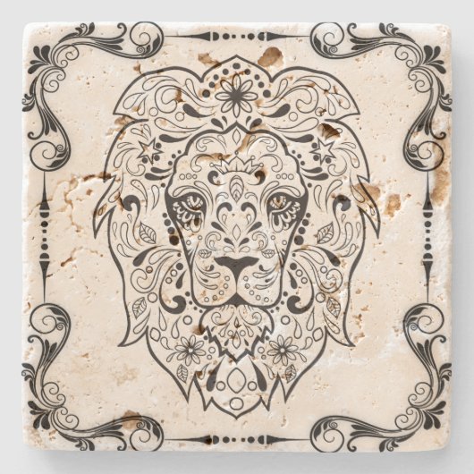 Elegante zwarte bloemenleeuw Lijst suikerschedel 2 Stenen Onderzetter (Voorkant)