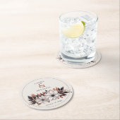 Elegante zwarte bloemenroest ronde kartonnen onderzetter (Insitu)