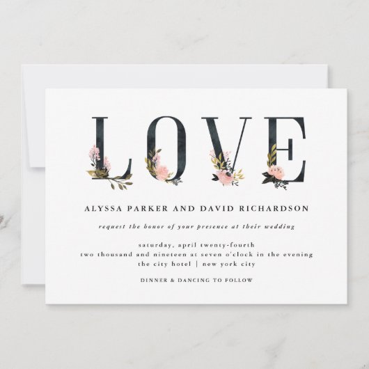 Elegante zwarte bloementekst | Liefde bruiloft Kaart (Voorkant)