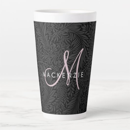 Elegante Zwarte Bloemige Blush Roze Script Monogra Latte Mok (Voorkant)