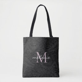 Elegante Zwarte Bloemige Blush Roze Script Monogra Tote Bag