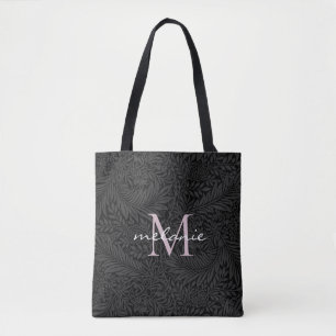 Elegante Zwarte Bloemige Blush Roze Script Monogra Tote Bag