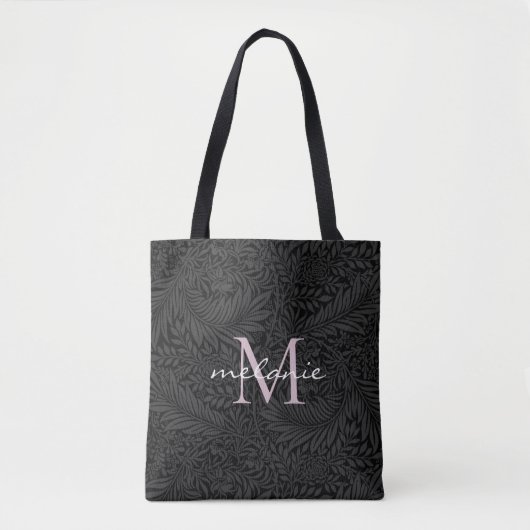 Elegante Zwarte Bloemige Blush Roze Script Monogra Tote Bag (Voorkant)
