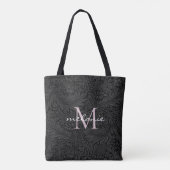 Elegante Zwarte Bloemige Blush Roze Script Monogra Tote Bag (Achterkant)