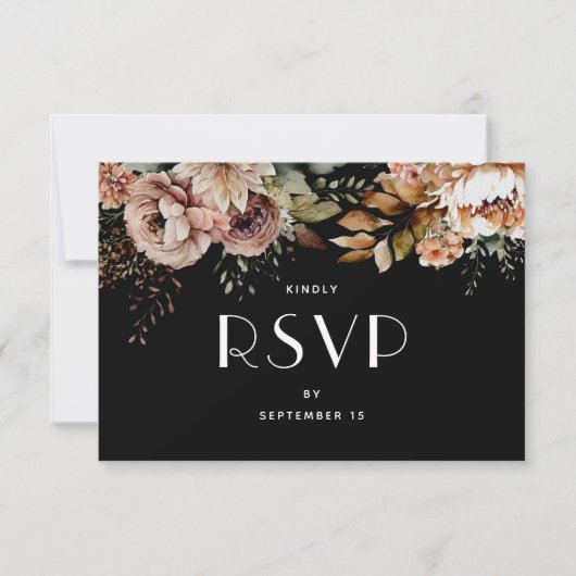 Elegante Zwarte Bloemige Boho Bruiloft | Keuze van RSVP Kaartje (Voorkant)