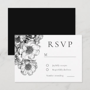 Elegante Zwarte Bloemige Bruiloft RSVP Kaartje