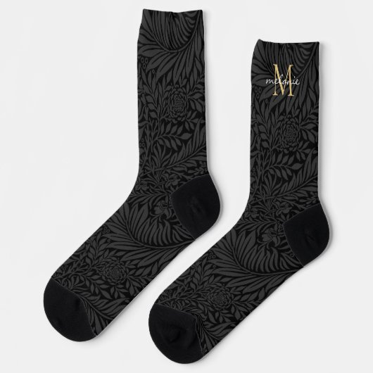 Elegante Zwarte Bloemige Monogram Naam Sokken (Links)