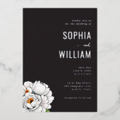 Elegante Zwarte Bloemige Pioenrozen Folie Uitnodiging (Voorkant)