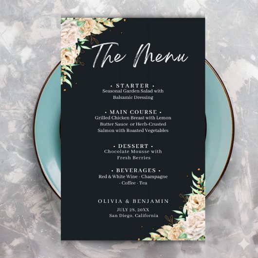 Elegante zwarte bloemige trouwmenu sjabloon menu