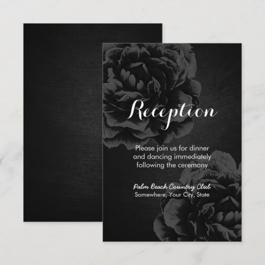 Elegante Zwarte Bloemige Trouwreceptie Informatiekaartje (Voorkant / Achterkant)