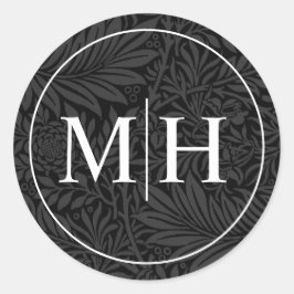 Elegante Zwarte Bloemige Witte Monogram Huwelijk Ronde Sticker