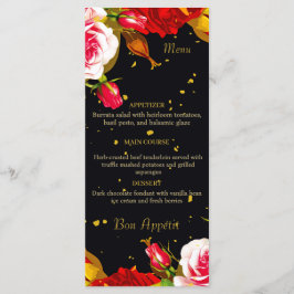 Elegante Zwarte Bloemrijke Gouden Folie Trouw Plaa Menu